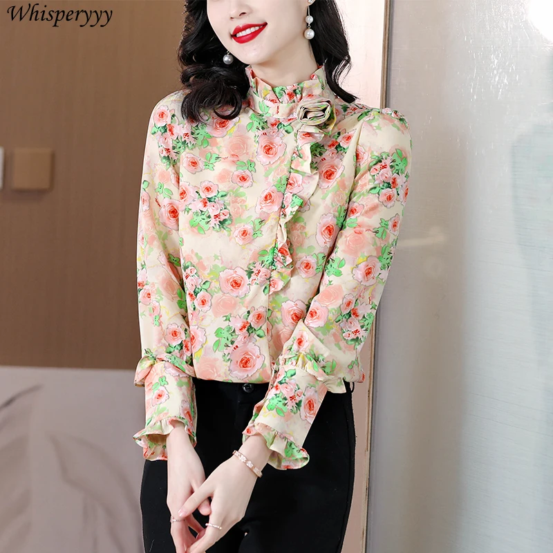 Spring New Retro Rose Shirt Women Temperament Floral Stand-up Collar Shirt Femme Blusas De Chifon Elegantes Long-sleeved Tops