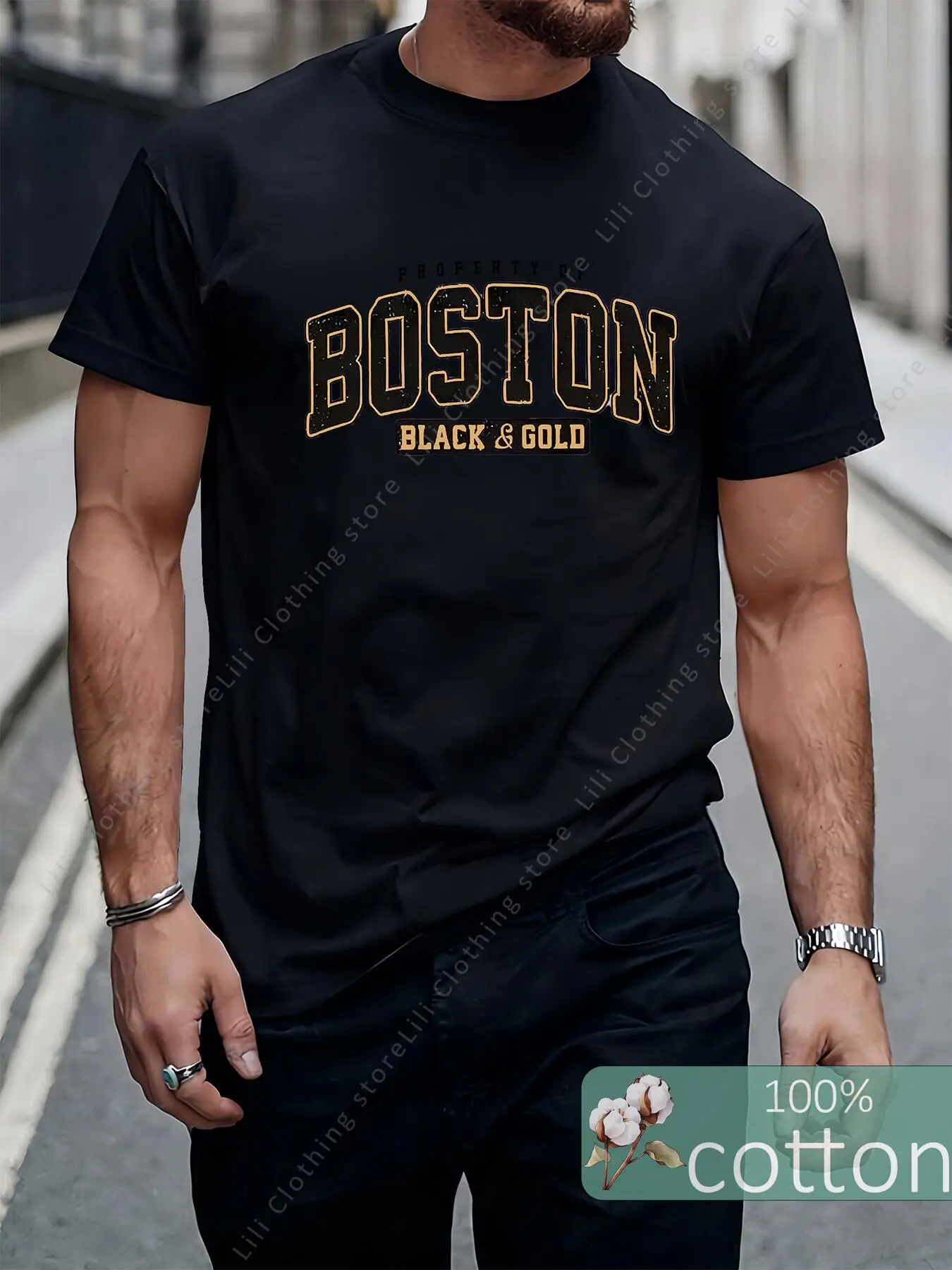 BOSTON 100% Cotton Men's T Shirts Summer Letter Graphic Print Streetwear Oversized Short Sleeve Tees Tops T-Shirts For Man 2026