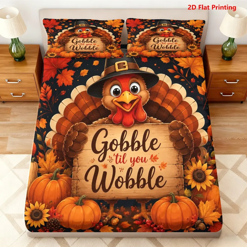 2D Flat Priting, Mattress Protector, Mattress Cover, Elastic Fitted Sheet Cover King/Twin/Queen Size 3-Piece Set with Turkey Print (Includes 1 Fitted Sheet + 2 Pillowcases, Pillow Inserts Not Included), Thanksgiving Theme