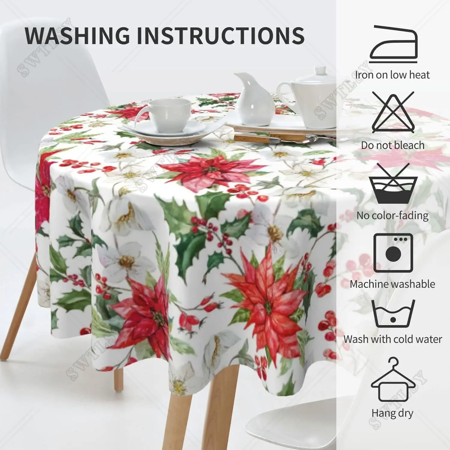 Christmas Table Cloth Red Round Christmas Tablecloth 60 Inch Washable Reusable Xmas Winter Flowers Tablecloth for Holiday Party