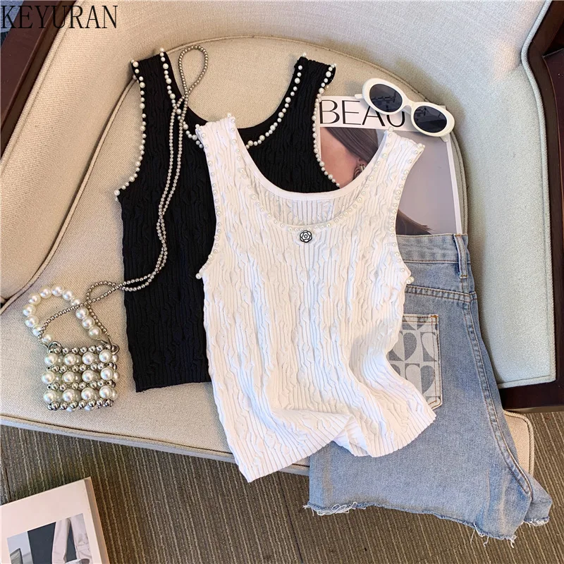 2024 Summer Pearl Beading Sleeveless Sweater Vests Women Pullover Slim Sexy Knit Tank Crop Tops Vintage Fashion Knitwear Jumper