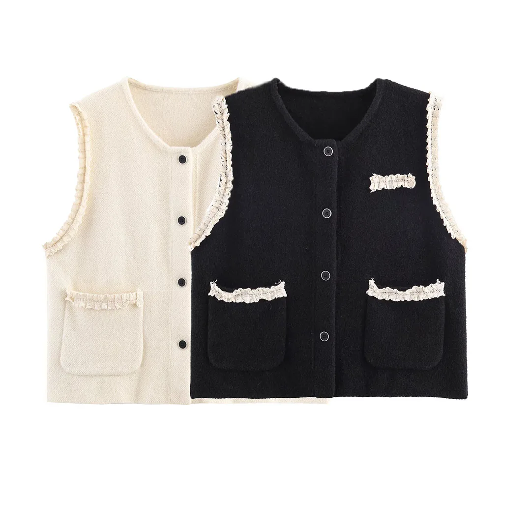 KASLEAD nuevo cárdigan abierto de punto de encaje Ne redondo para mujer chaleco Faionable Street Sle Color fibra de poliéster