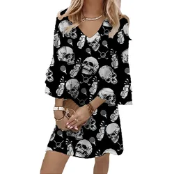 Jumeast Skull 3D Print Women's Casual Dress V-Neck Flared Sleeve Black Elegant Tropical Style Skirt for Halloween