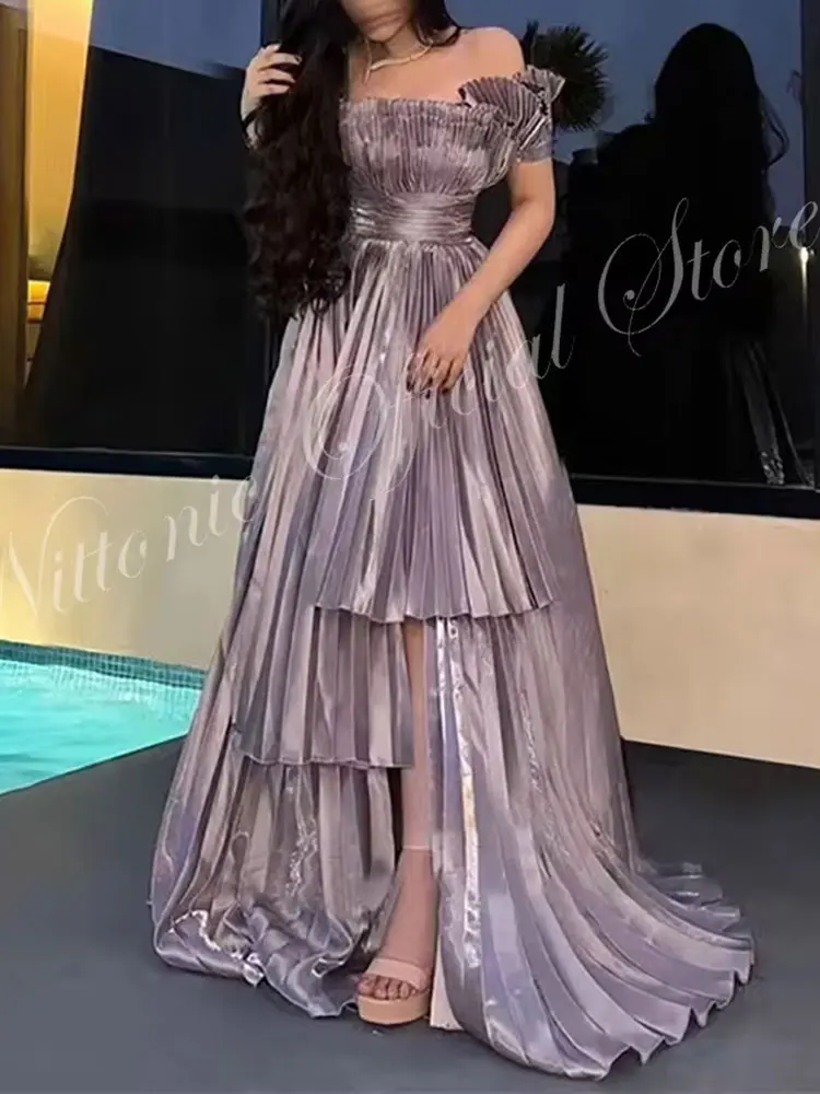 New Tiered Prom Dresses for Woman Scalloped Neck Short Sleeve Floor-Length A-Line Formal Occasion Vestidos Para Mujer Customized