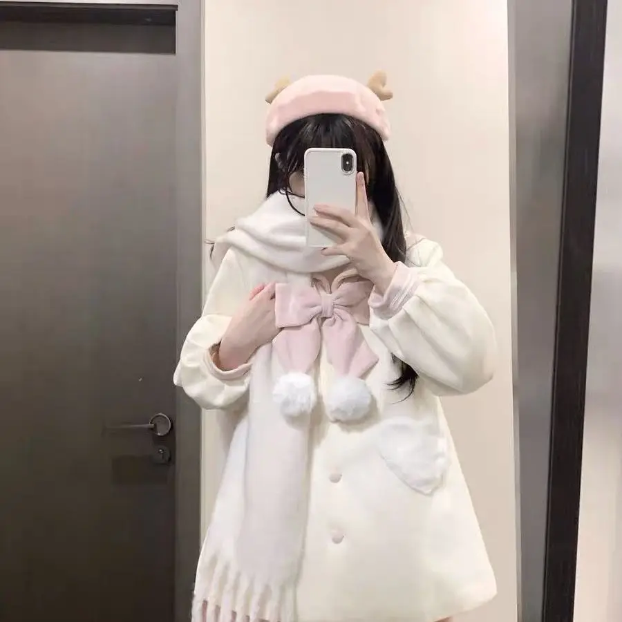 Mid-Length Coat for Women Student Style with Bowknot Autumn and Winter Overcoat