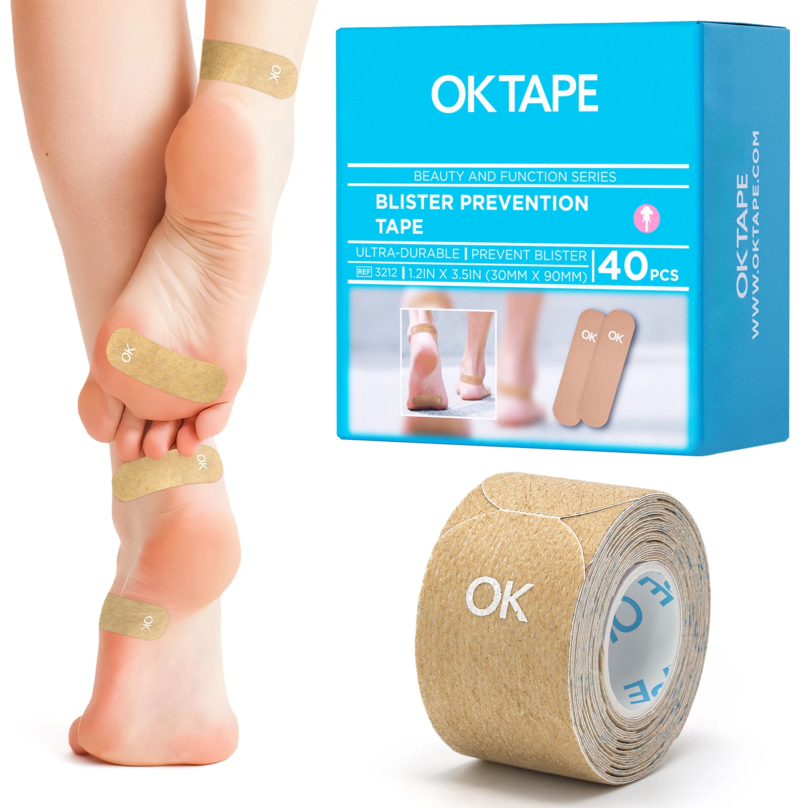 OK TAPE Blister Prevention Tape, 40 Pcs, Moleskin for Blisters, No-Residue Blister Bandages for Feet & Body, Heel Patches, 1.2in