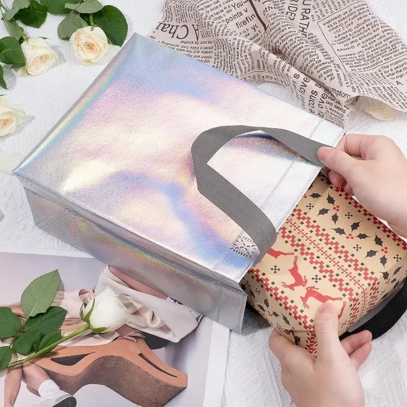 1/10PCS Rainbow Laser Handbag Non-woven Shopping Bags Birthday Party Valentines Day Gift Packaging Bag Waterproof Storage Supply