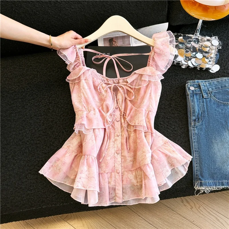 

Нежно-розовая женская летняя блузка с цветочным принтом, поясом и завязками, романтичная и элегантная, с коротким рукавом, из шифона, для стройного силуэта