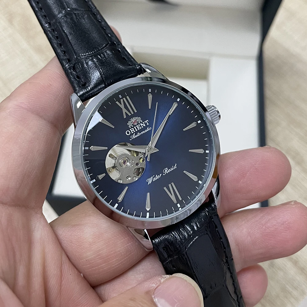 

Orient Automatic Skeleton Watch for Men, Green Dial Leather Strap Mechanical Wristwatch, Water Resistant Business Fashion