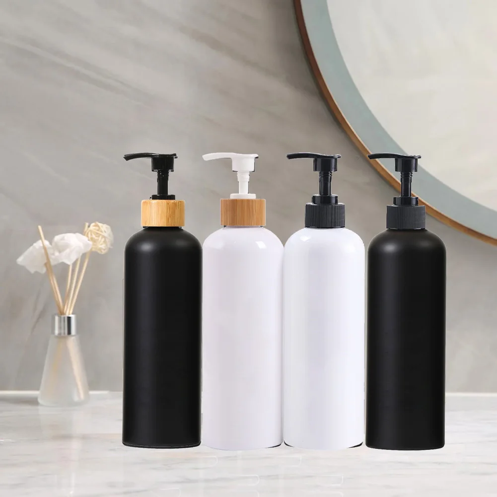 1PC 500ML Bamboo Plastic Pump Dispenser Bathroom PET Dish Soap Bottle Lotion Refillable Shower Gel Liquid Frosted Container