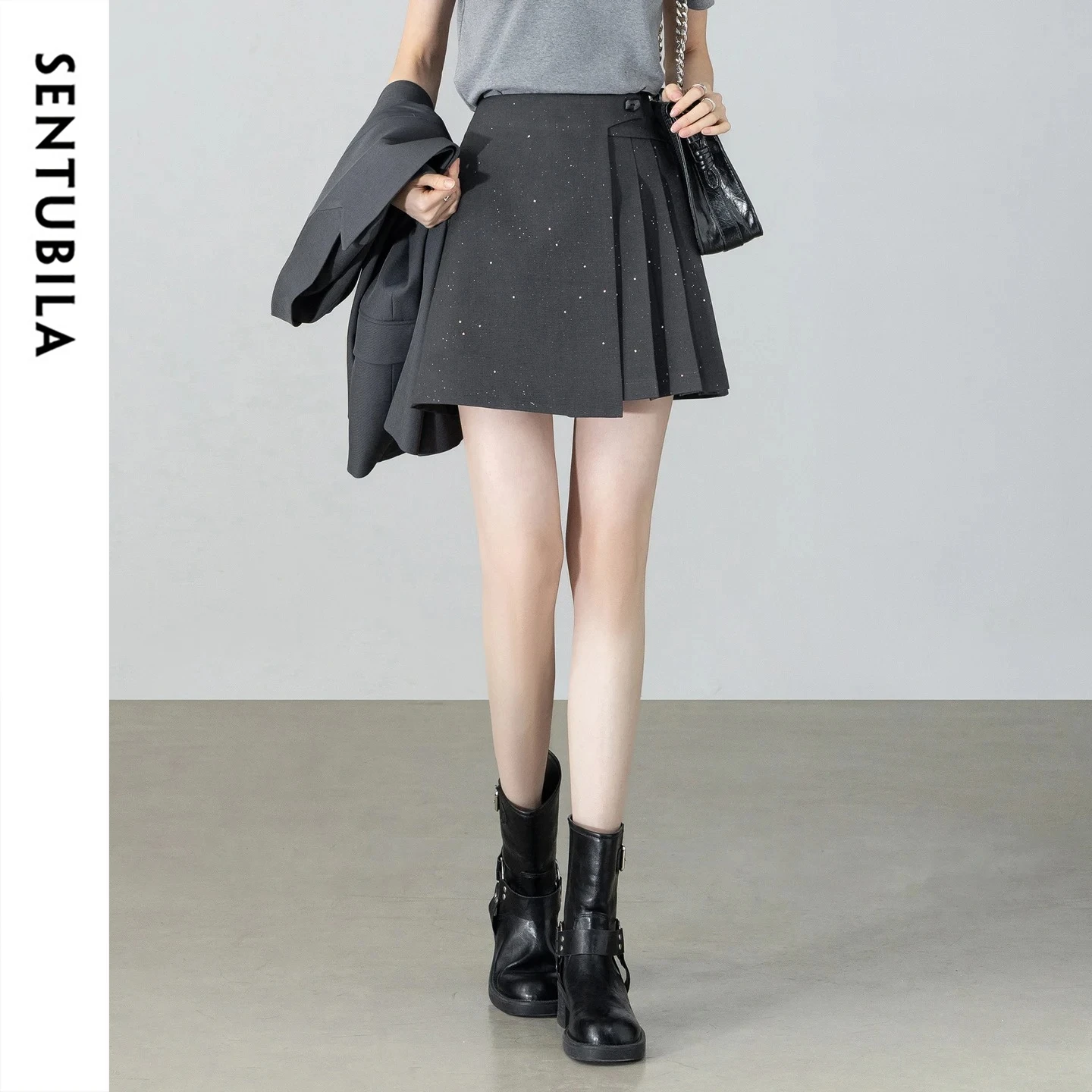 

SENTUBILA Simple Women's A-Line Mini Skirt 2026 Summer High Waist Asymmetric Fold Design Shiny Silver Elegant Skirt 162QA6906