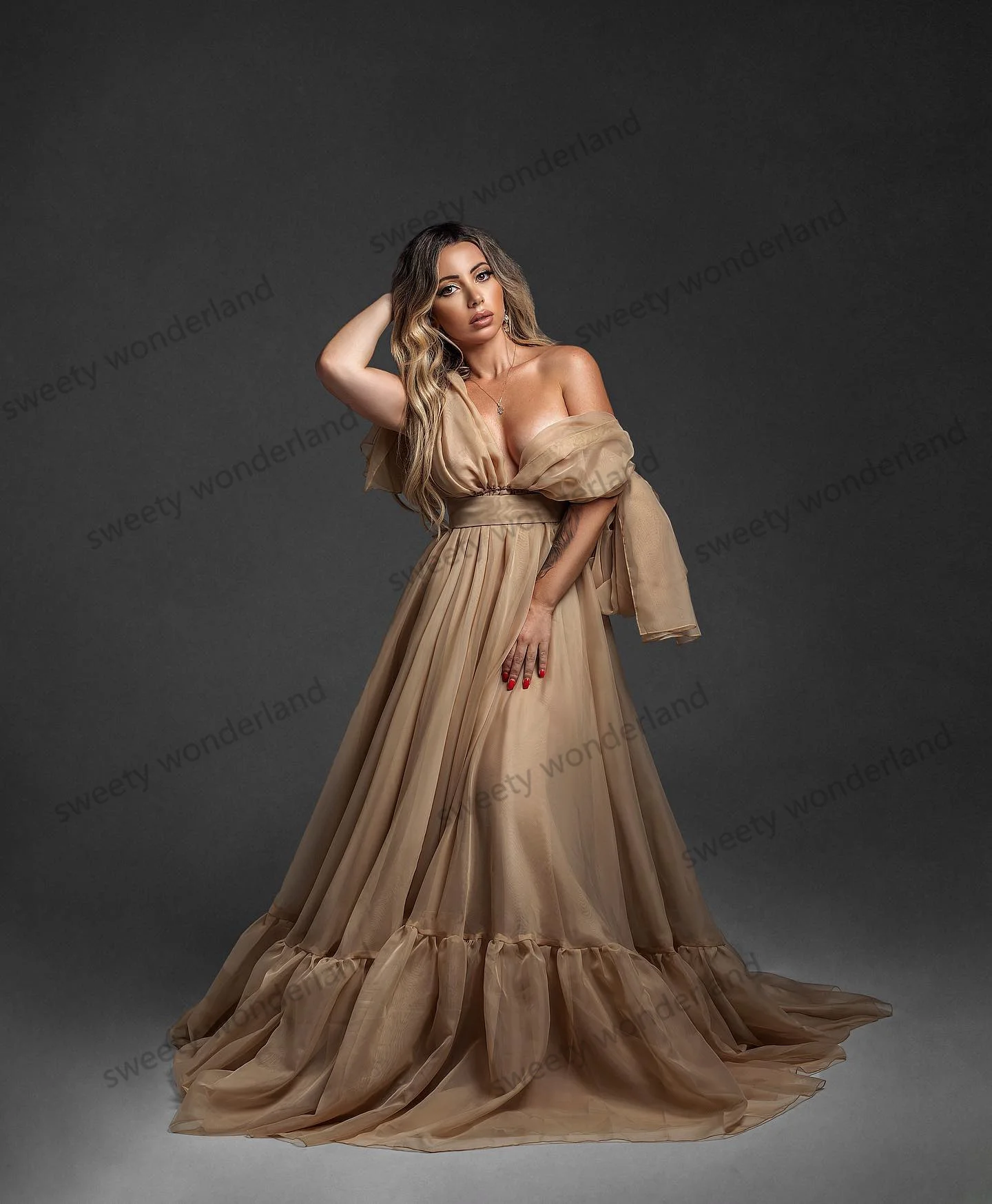 Boho Khaki Prom Dresses Women Tulle Long Maternity Photoshoot Dress A Line Sleeveless Pregnancy Gown for Baby Shower