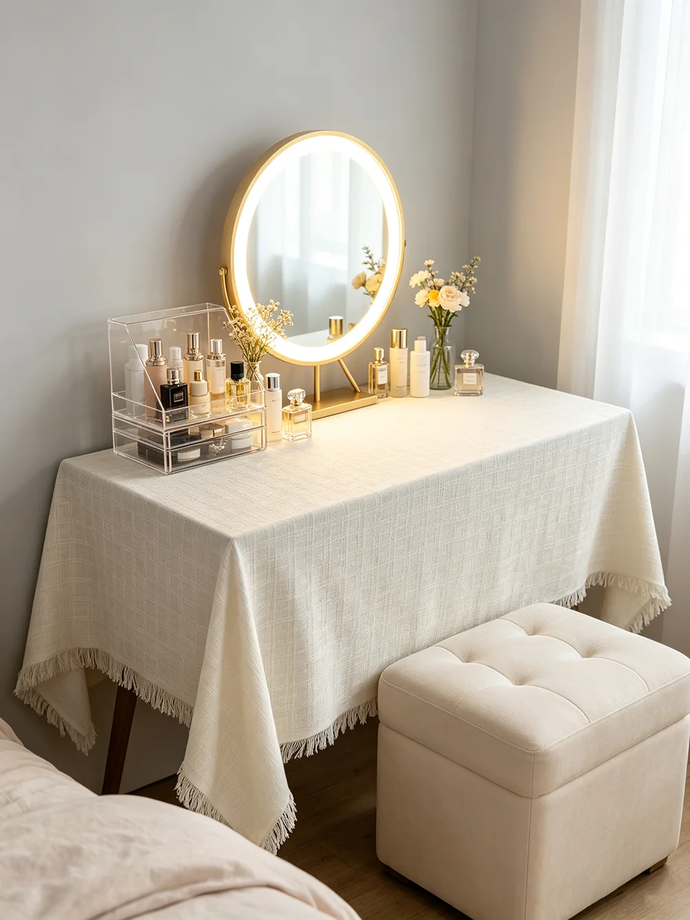 1Pcs Rectangular Table Cover | Fringe Edge | Reusable Decorative | Household Daily Use | Desk Vanity Table | Cottage Style