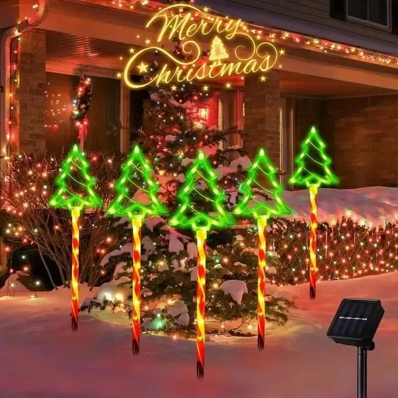 Solar LED Christmas Path Lights Tree Outline Ground Stakes With Red White Candy Cane Poles For Walkway Courtyard Holiday Display