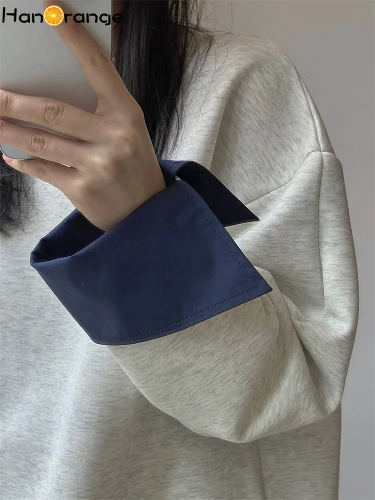 HanOrange 2025 Spring Simple Lazy Splicing Sleeve Sweatshirt Loose Silhouette Comfortable Top Black/Apricot Blossom