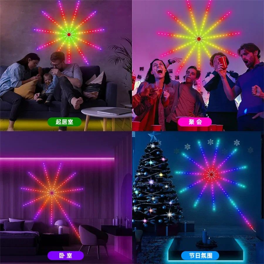 Fireworks RGB LED Strips Light, Starburst String Lights, Controle remoto para quarto, TV Backlight Decor, Smart App, Firework Clap