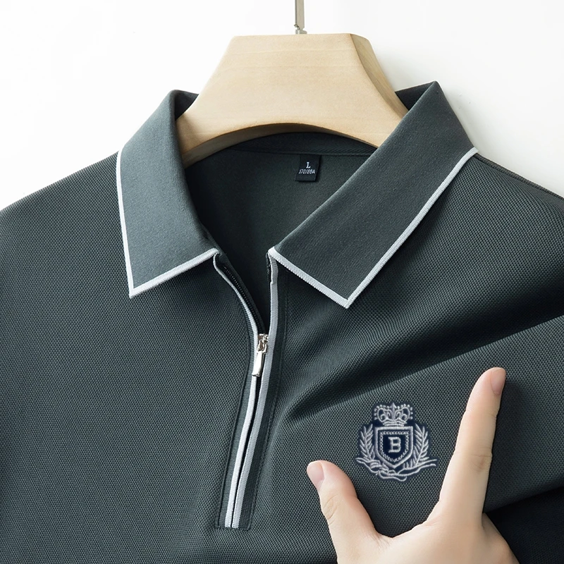 Designer Spring Autumn New Product Men's Long Sleeves Polo Shirt Zip Front with White Trim Embroidery Fashion T-Shirt Men's Wear