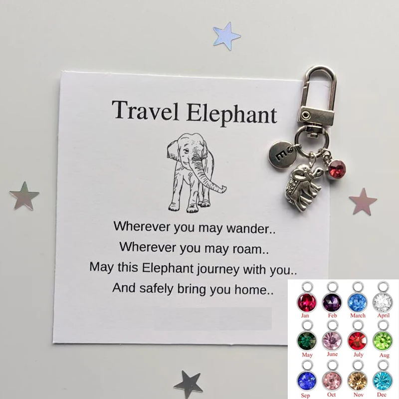 LLavero de elefante de viaje con piedra natal personalizada, abalorio de bolsa de elefante, Idea de regalo de cumpleaños para un amigo, amuleto de la buena suerte