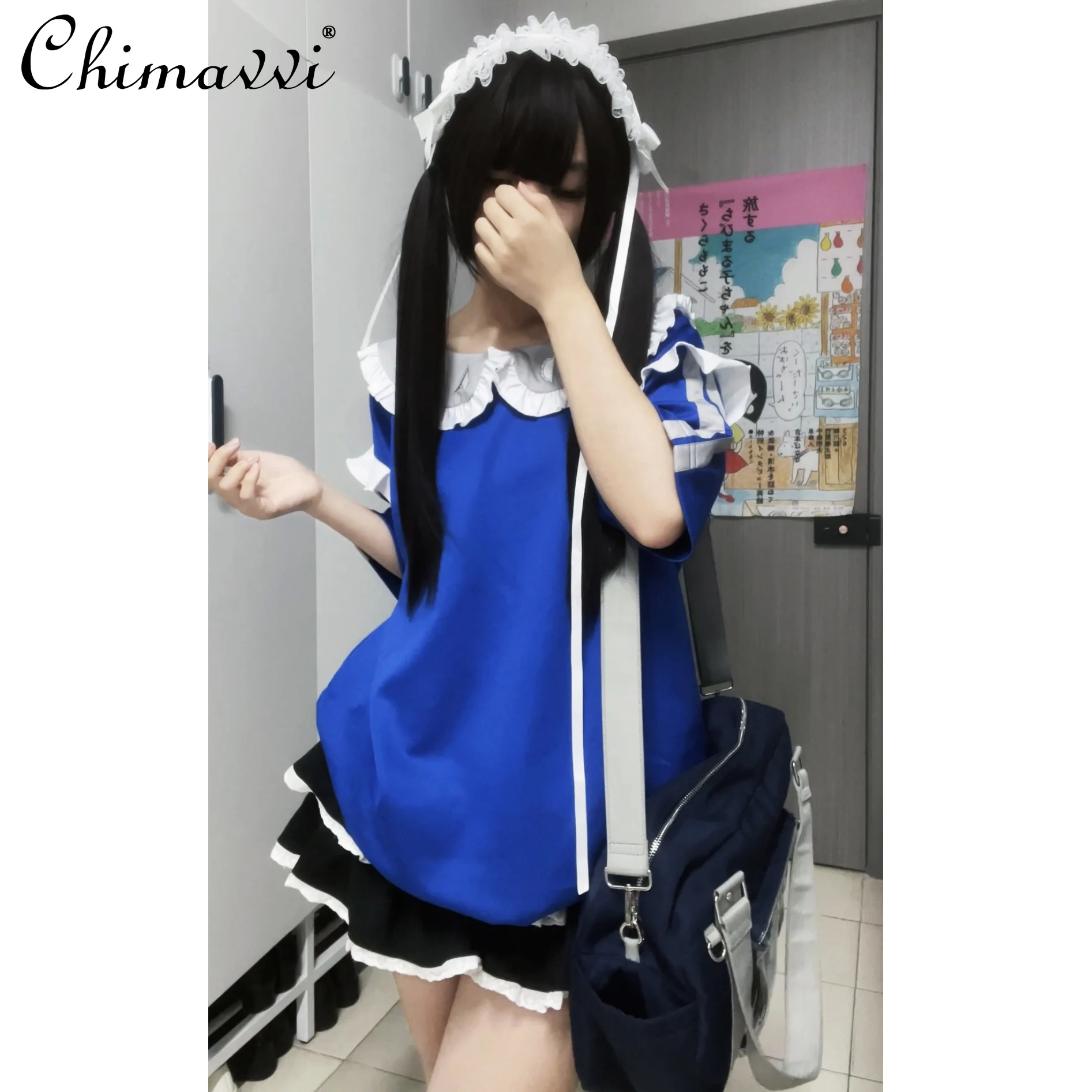 

Original Japanese Harajuku Water Color Subculture Ruffle Collar T-shirt 2025 Summer New Kawaii Short-sleeved Loose T-shirt Top