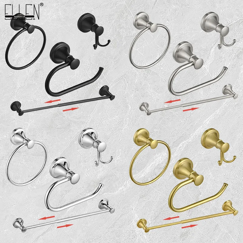 

4-Piece Bathroom Bath Set, Wall Mount (Adjustable Towel Bar Rack, Towel Ring Holder, Paper Towel Holder, Double Towel Hook)