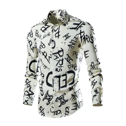Casual men's Button Up Collar Comfort Shirts Street Retro Black White Long Sleeve Printed men's Top Fashion Simple Design Shirt