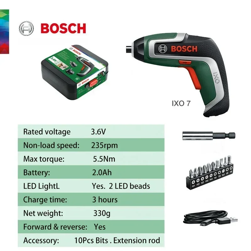 Bosch IXO7 Multi-Function Power Tools, Cordless Screwdriver Set, 3.6V USB Rechargeable Mini Electric Drill Screw Driver,Portable