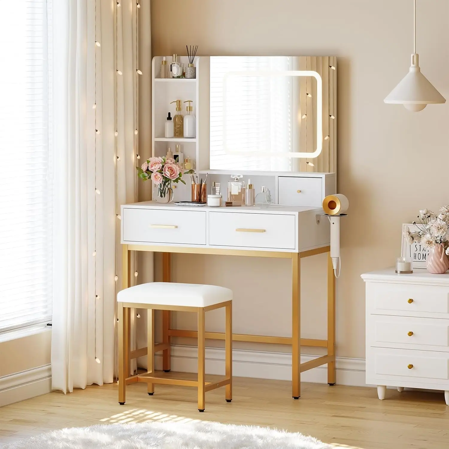 Station de recharge Garvee avec 3 modes d'éclairage, miroir LED moderne noir, comptoir, tabouret rembourré avec rangement, 2 tiroirs, 3 compartiments, bureau à cadre extérieur pour chambre à coucher, maison, maquillage, mobilier, kit de déménagement
