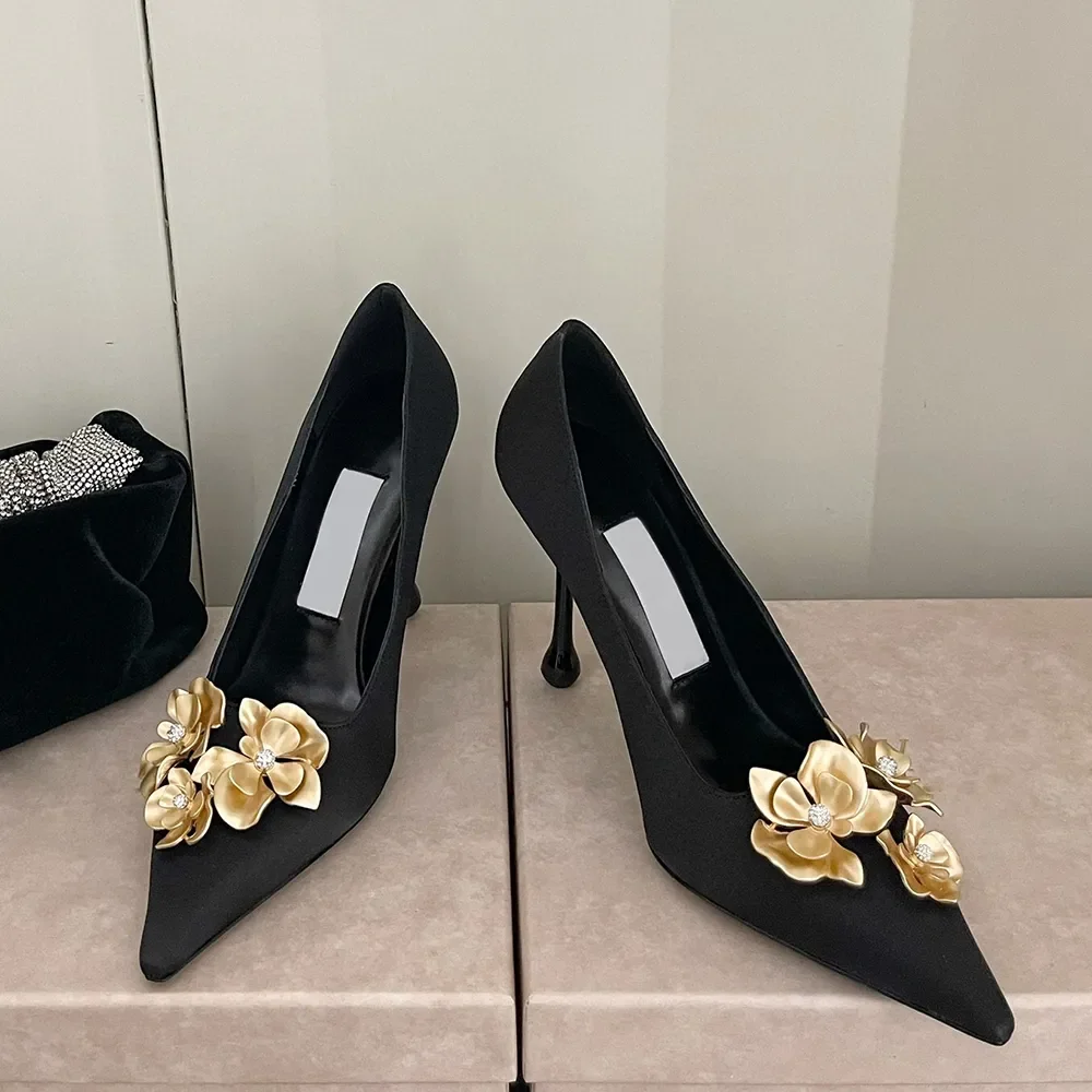 

Elegant Formal Black Satin Pointed-Toe Stiletto Heels Gold 3D Floral Accents Crystal Embellishment Fashion High Heels for Lady