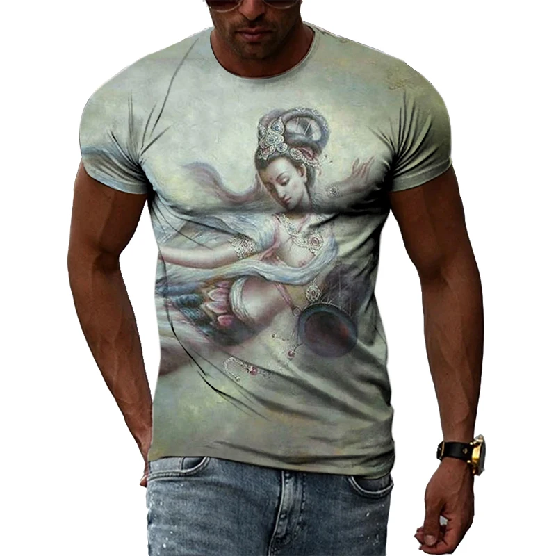 China Dunhuang Mural Graphic Shirt 3D Harajuku Print New Summer Retro Art Casual Short Sleeve Top For Men And Women Personality