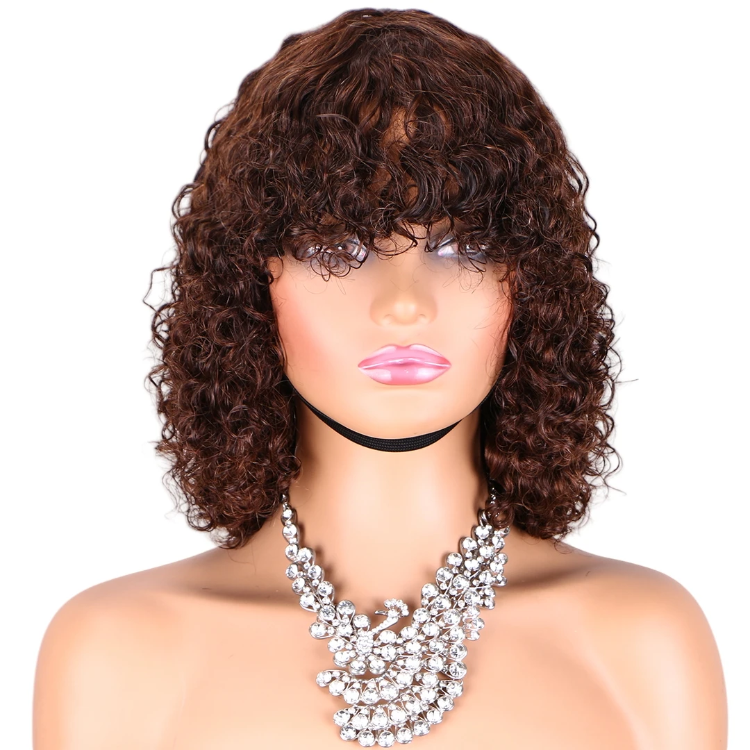 

Dark Brown Curly Human Hair Non Lace Front Wigs For Women Pre Plucked With Bangs Lace Frontal Wigs Brazilian Short Bob Wigs