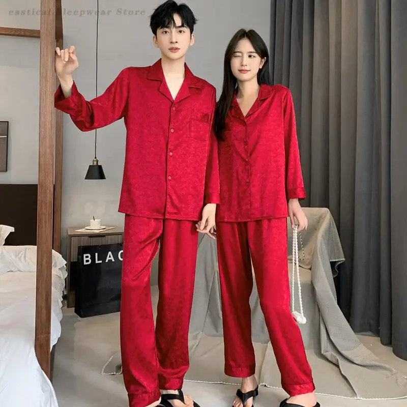 Plus Size Couple's Newlywed Pajamas Set Women Long Sleeves Home Wear Men's Satin Printed Sleepwear Bride Groom's Red Nightwear