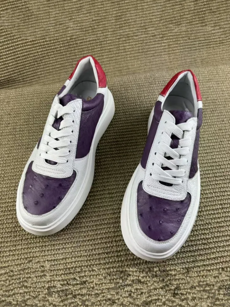 Mens Spring Genuine Leather Lace Up Business Casual Versatile Color Block Flat Bottomed Ostrich Leather Shoes Outdoor Sneakers