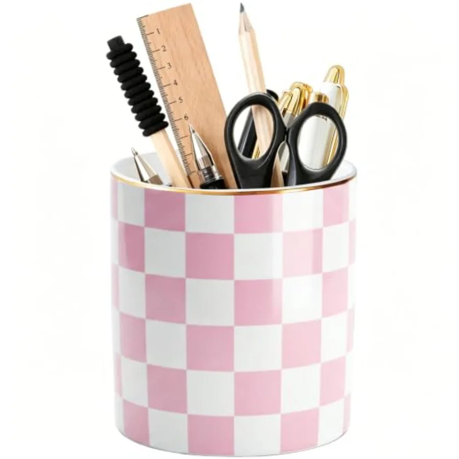 Ceramic Checkered Pen Holder For Desk Cute Stand Gold Line Pencil Cup Pot Desk Organizer Makeup Brush Holder for Girls, Women P