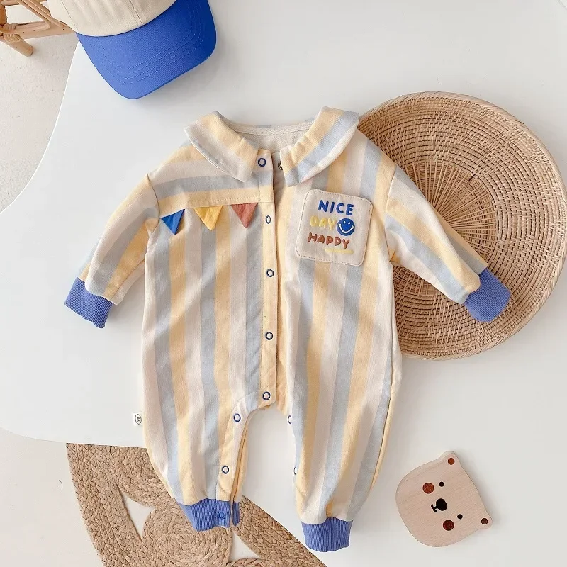 

Fashion Newborn Baby Boy Romper INS Autumn Long Sleeve Striped Cotton Jumpsuit Playsuit Outfits Little Gentleman Outwear Clothes