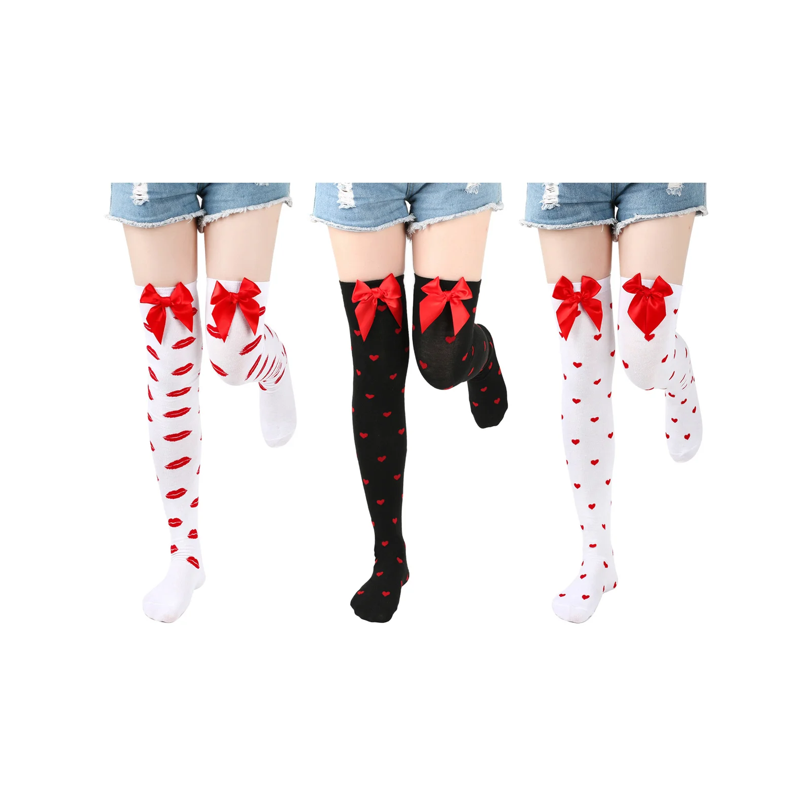 

Красные губы и белые носки + черно-белые носки с маленькими сердечками, комбинация милых чулок с бантиками (3 пары)