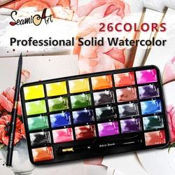SeamiArt-Juego de pintura de acuarela sólida profesional, caja de lata, suministros de arte escolar, 26 colores