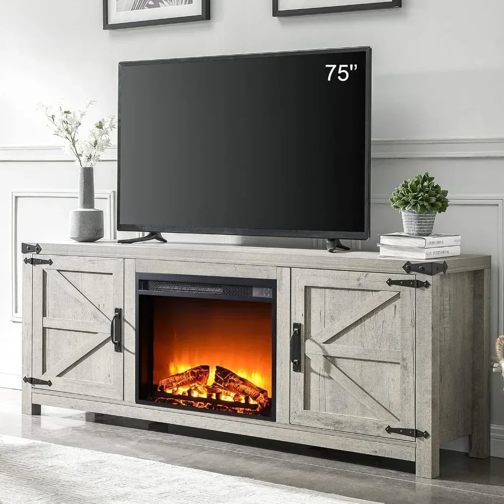 Fireplace TV Stand for 75 Inch TV, Farmhouse Barn Door Media Console, Entertainment Center with 23