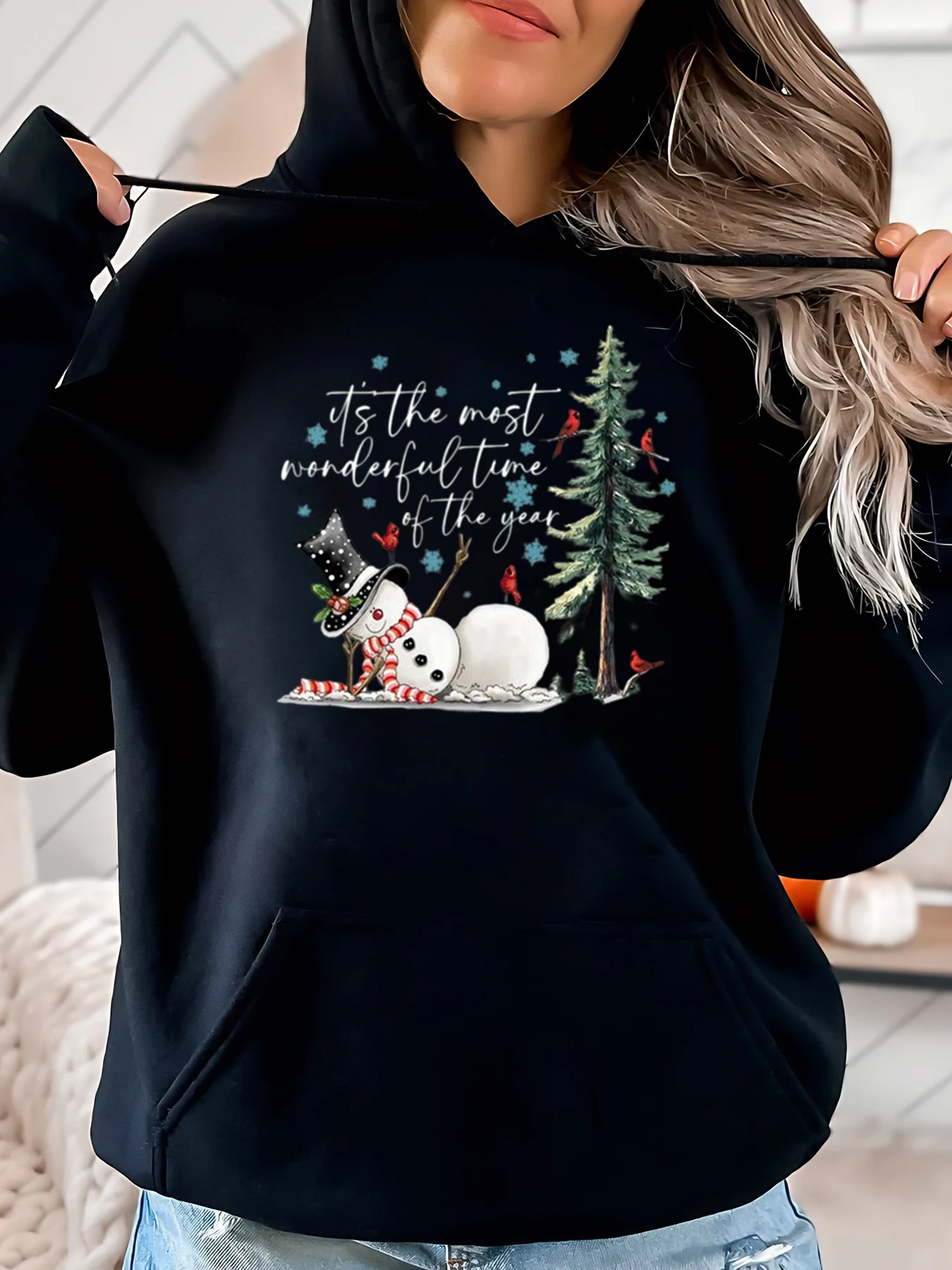 

Снеговик Рождественская елка Это самый чудесный час года Толстовка с принтом Женская праздничная повседневная одежда Черный Большие размеры