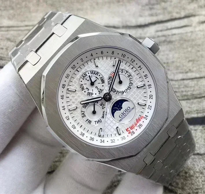 

Новинка, классические мужские часы, автоматические механические часы GMT MoonPhase Sapphire, серебристые, светящиеся, синие, черные, серые, белые, прозрачные часы