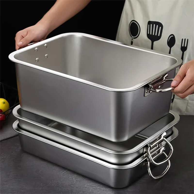 Thicken Stainless Steel Square  Cake Bread Basin Deep Plate Fruit Food Storage Tray  HandleLoaf Pans Kitchen Baking Dish