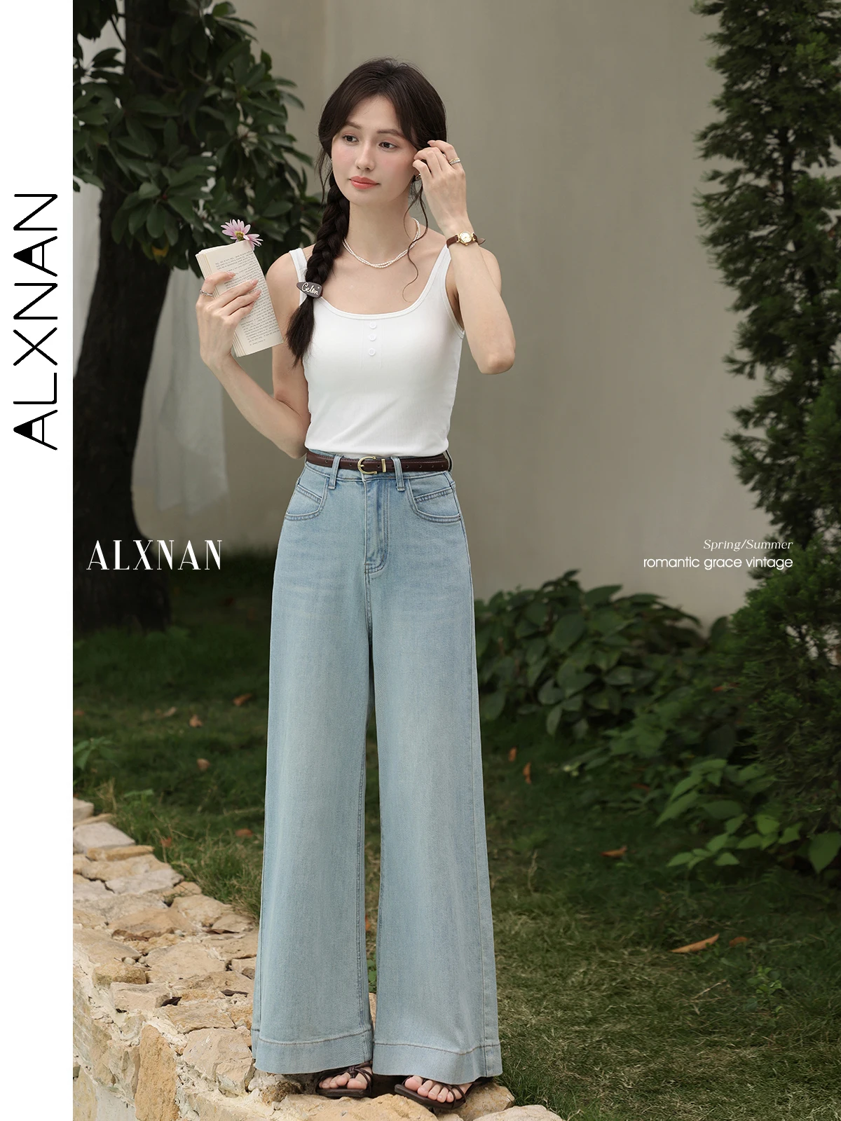 ALXNAN Women's Jeans Retro Blue High-waist Wide-leg Jeans 2025 Summer New Straight Loose-fit Elegant Office Commute Pants L53880
