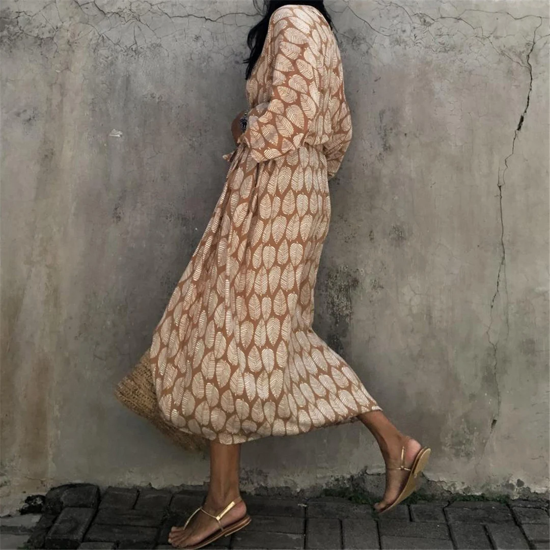 7-farbiges Blättermuster mit Gürtel, halblange Tunika, Strandkleid, Strandmode, Damen V4511 – Detail 24