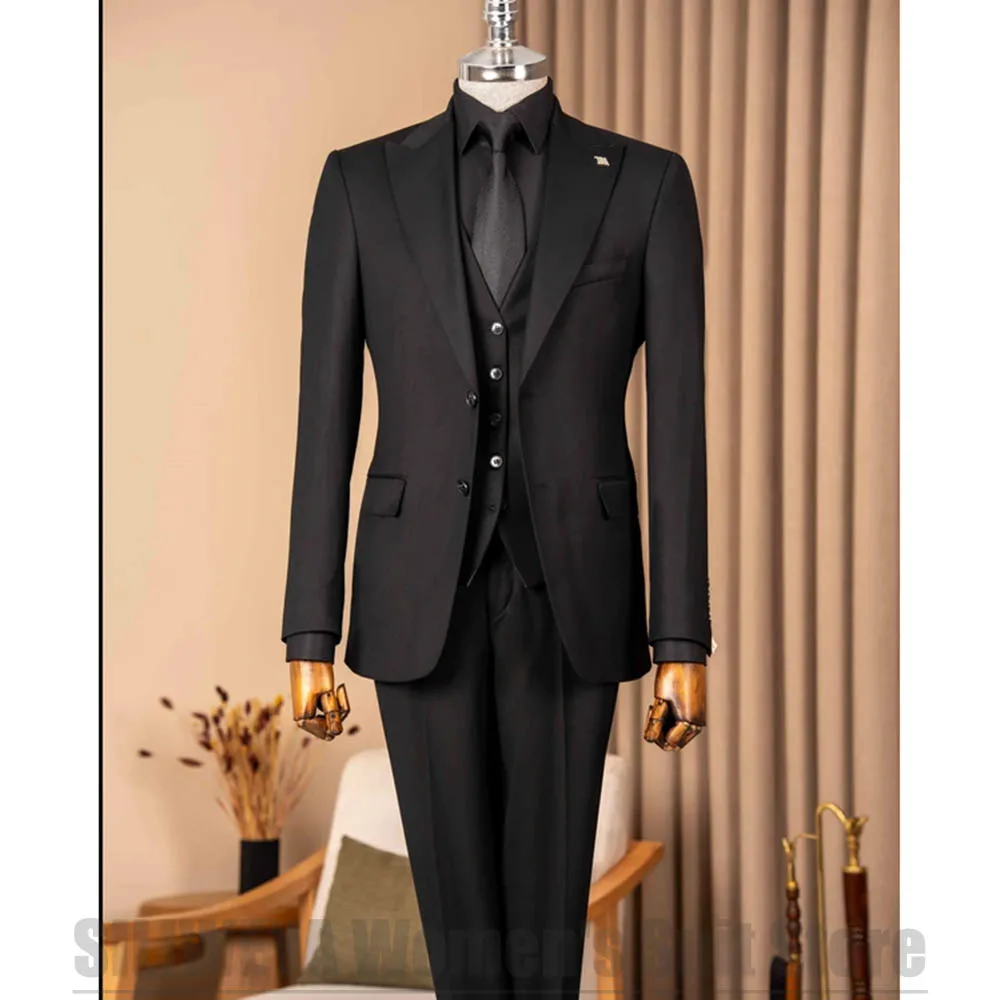 Men Solid Black Suit Three Piece Peak Lapel Slim Wedding Groom Party Tuxedo Chic Business Prom Banquet Casual Daily Outfit