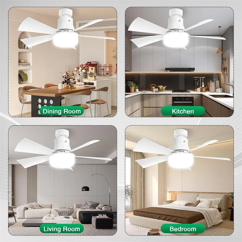 LED Ceiling Fan With Light E27 Socket Remote Control Dimmable 30W Modern Smart Wireless Fans Lighting For Bedroom Garage Kitchen