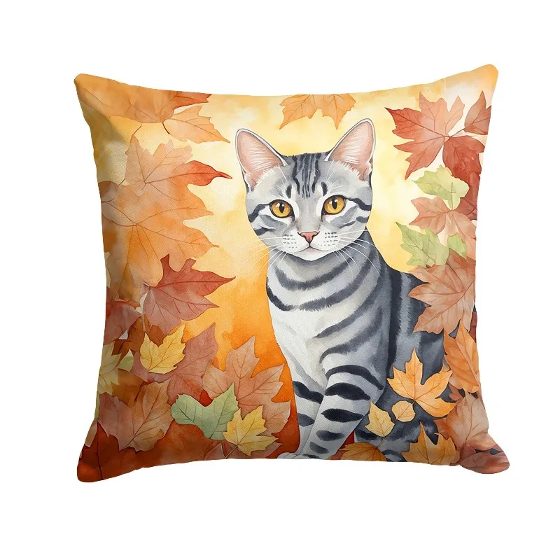 

American Shorthair Cat in Fall Leaves Throw Pillow Machine Washable Indoor Outdoor Decorative Pillow for Couch Bed or Patio