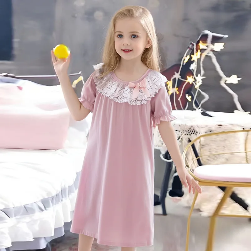 Short Sleeved Nightgown Summer New Thin Casual Loose Comfortable Simple Solid Color Lace Collar Bow Pajamas