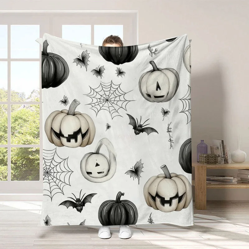 Halloween Flannel Throw Blanket Cartoon Ghost Pumpkin Print Thick Warm Soft Sofa Cover Holiday Gift