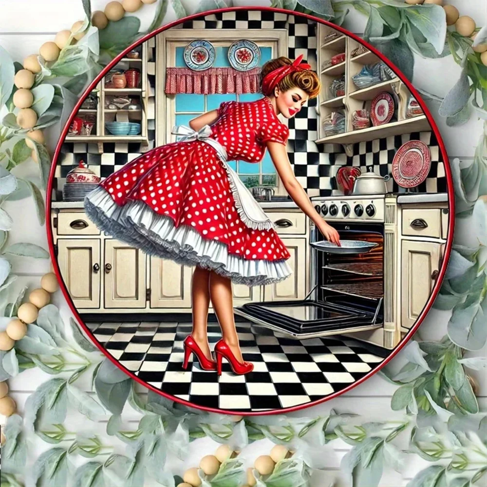 Vintage 1950S Kitchen Metal Sign - 7.8inch Round Wall Art, Waterproof and Durable Iron Art Decoration, Retro Red Dot Design, P