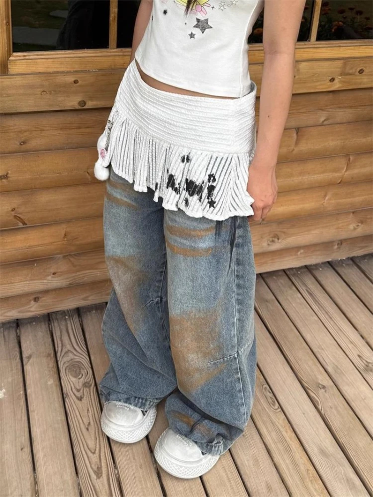 

Summer Lace Print Ruched Skirts Y2k High Waist White A-line Skirt for Women 2025 New All-match Casual Faldas Sexy Mujer