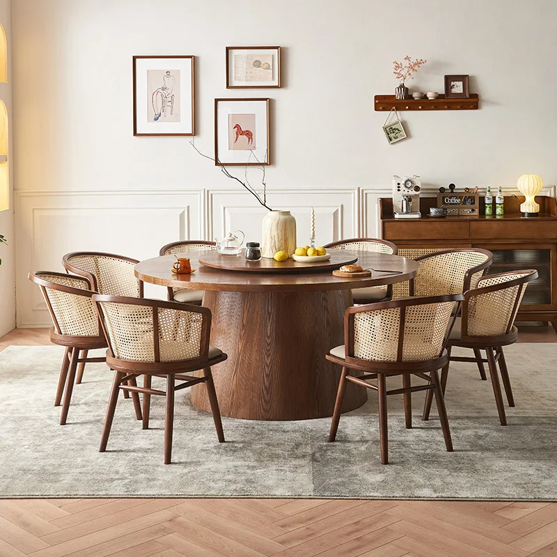 Nordic Wabi-Sabi Style Solid Wood Round Table with Electric Turntable & Wicker Chairs Set for Modern Restaurant & Hotel